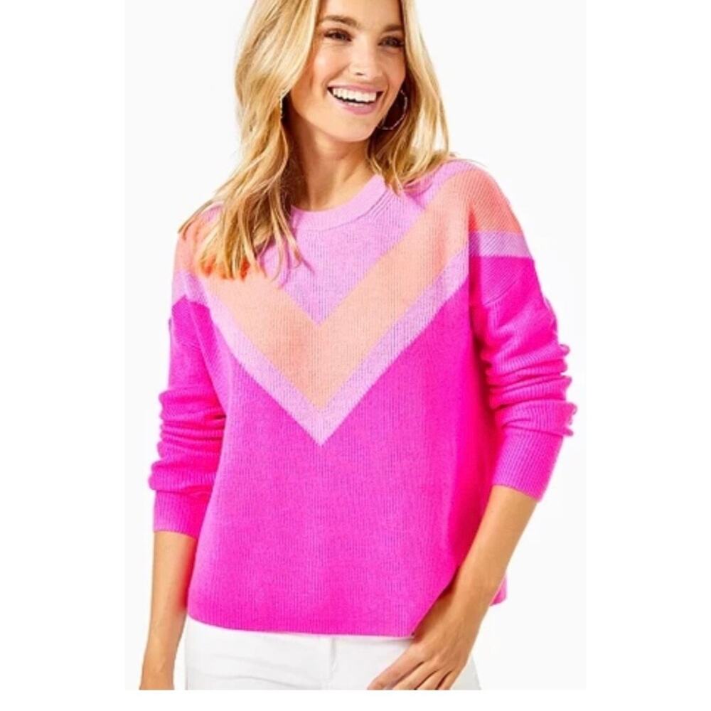 Lilly Pulitzer Women’s S Pink Colorblock Chevron Knit Sweater Crew Neck cotton